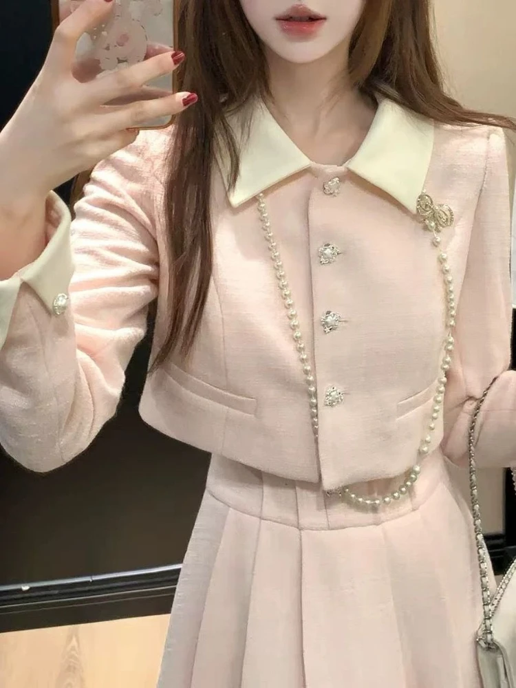 France chaud doux rose 2 pièces ensemble Design de mode revers court ample mince Cardigan femmes élégant taille haute Bouffant jupe longue