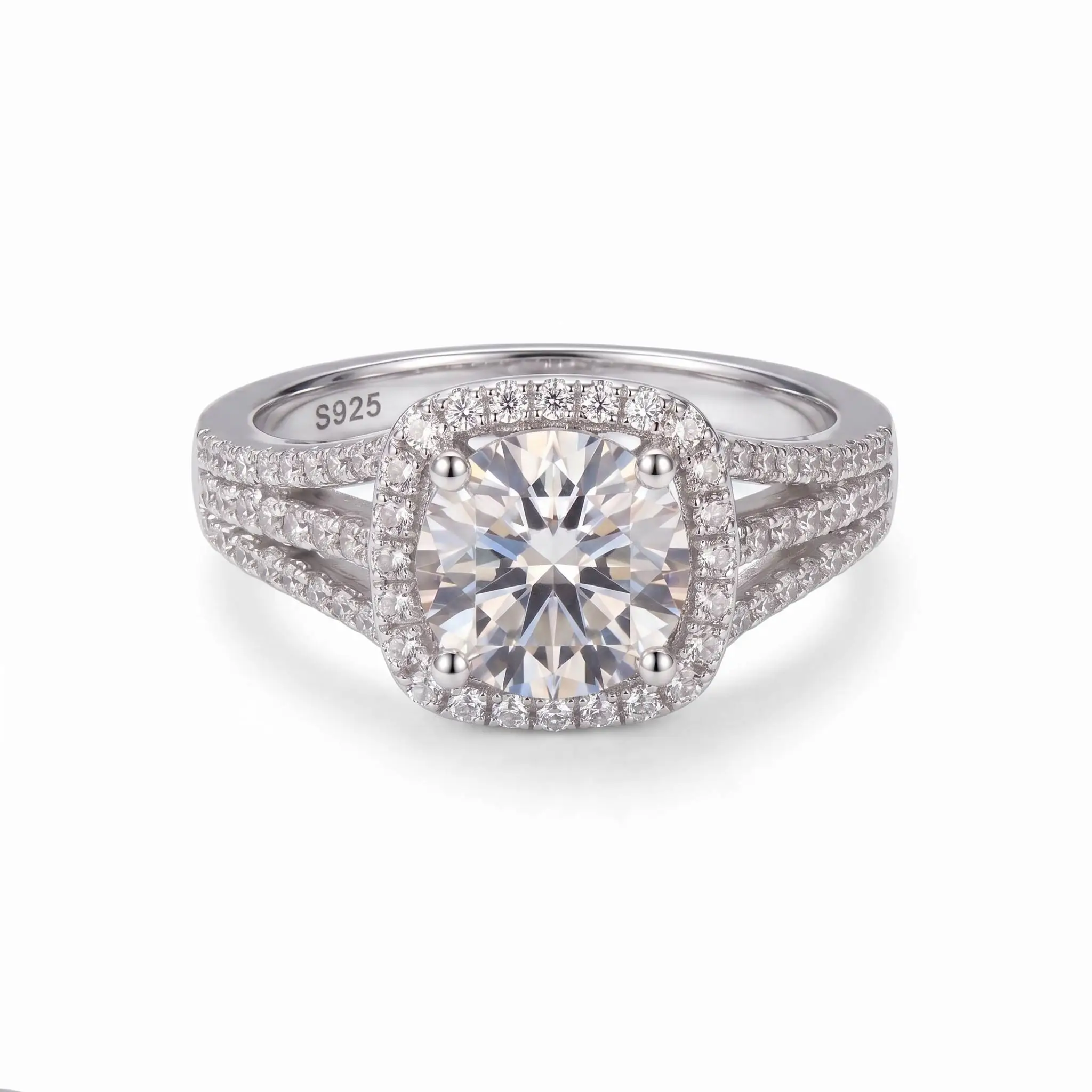 5CT Cushion Cut Halo Moissanite Engagement Ring S925 Sterling Silver D Color VVS1 Split Shank Pave Setting Wedding Band Bridal J