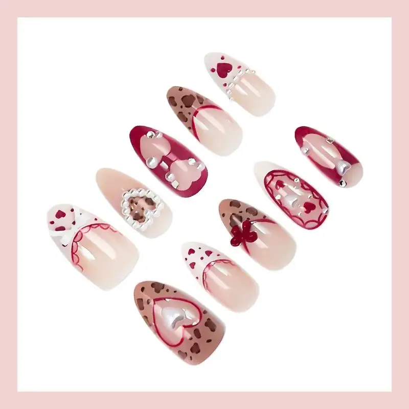 

24PCS Luxury Pearl Leopard Lace Fake Nail French Design Almond Press on Nails with Sweet Love Bow Valentines Day False Nails 네일