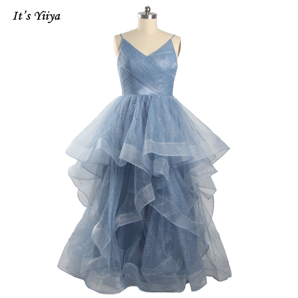 

Evening Dresses V-neck Sleeveless Haze Blue Tulle Pleat Lace up Tiered Floor Length Ball Gowns Plus size Party Dress Lady E1004