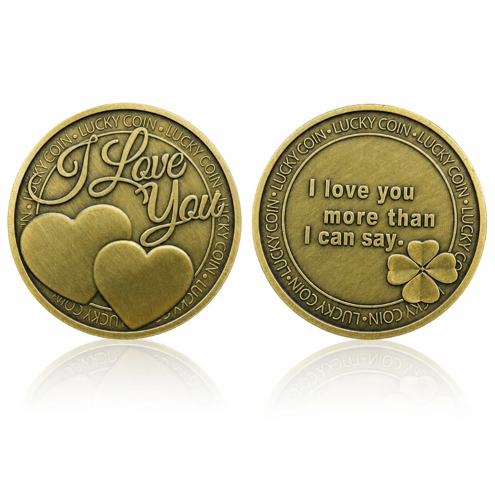 Antique Bronze I Love You Lucky Coin Heart Four Leaf Clover Commemorative Medal Romantic Couple Gift Anniversary Souvenir