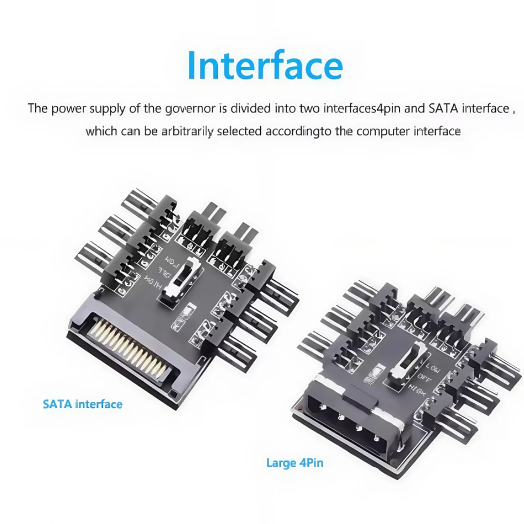 12V SATA/4PIN 1 to 8 3-pin power socket PCB adapter/splitter/cooling fan hub, 2-level speed control, PC computer IDE Molex.