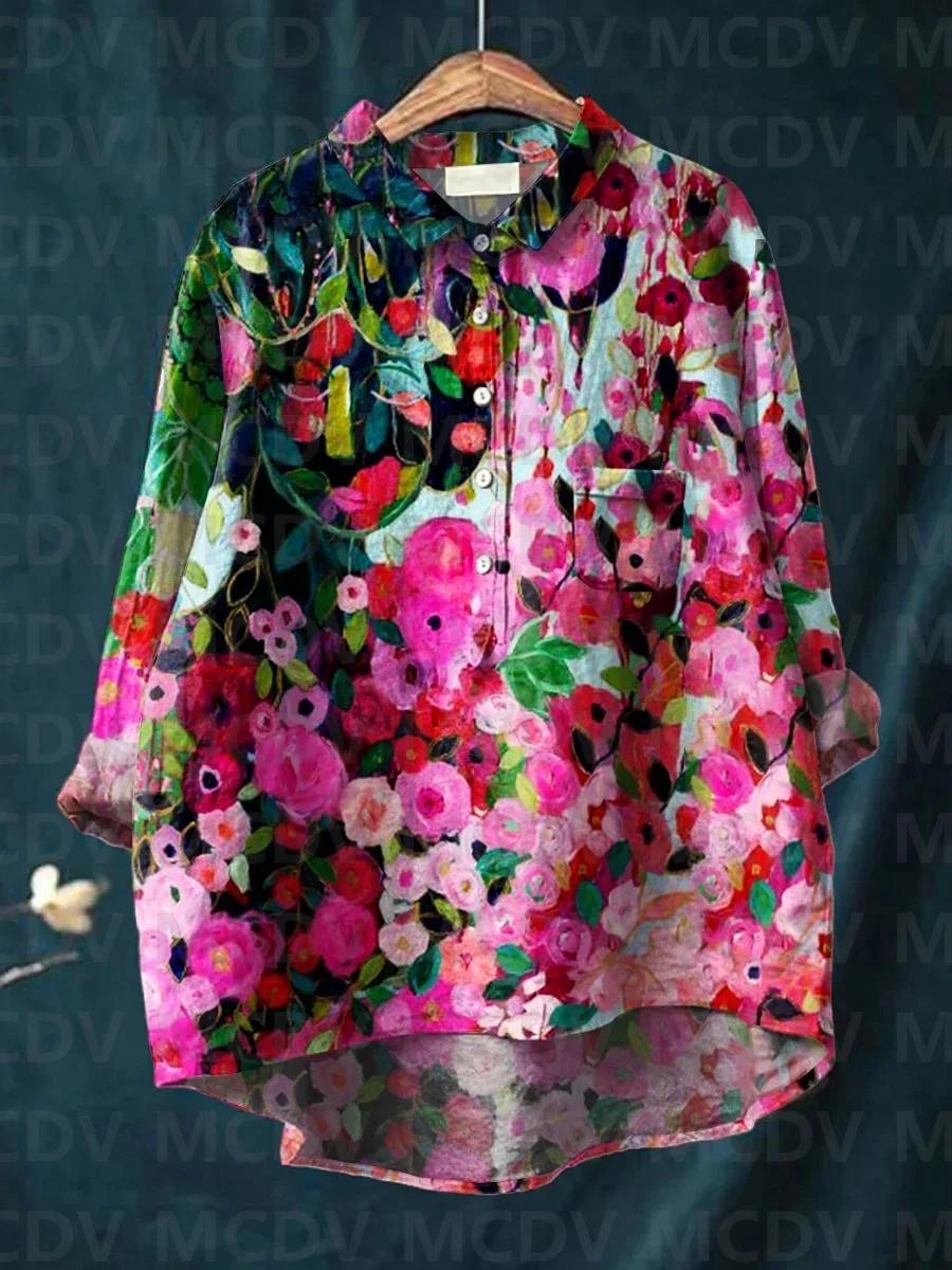 Camisa de lino con estampado Floral para mujer, camisa informal con estampado artístico de plantas