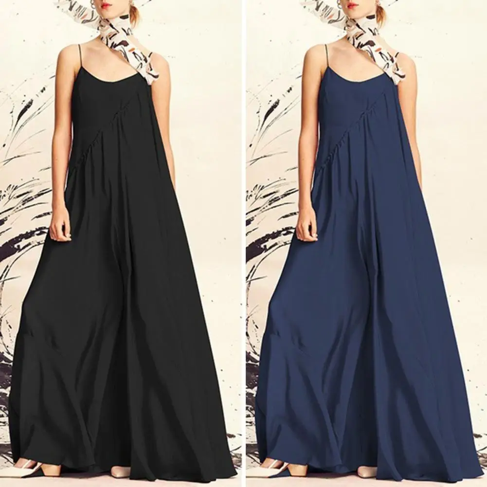 

Comfortable Long Dress Elegant Maxi Dress with Spaghetti Straps Backless Design Solid Color A-line Summer Dress for Women Full