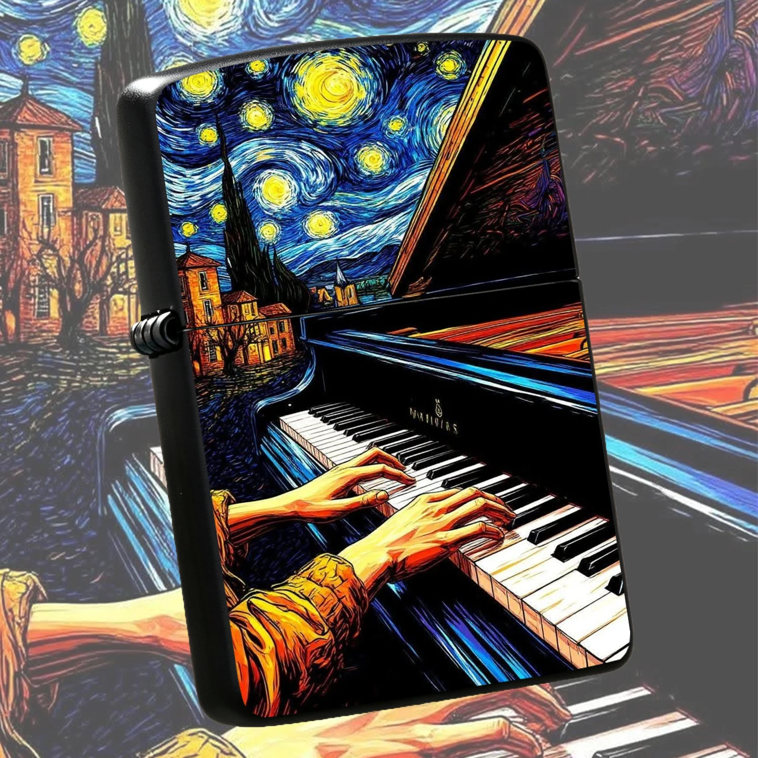 Creative Starry Night Piano Playing Print Lighter, Van Gogh Style Classic Artwork Romantic Performance Vibe Design, Exquisite Unique Portable Ignition Accessory, Perfect For Daily Gathering Outdoor Scenes, Ideal Distinctive Gift For Art Lov