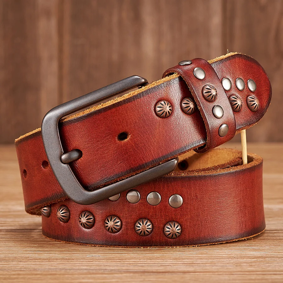 

3.8CM Real Cowskin Genuine Leather Belt Skull Punk Rivet Strap For Man Joker Cowboy Male Designer Exclusive Jeans