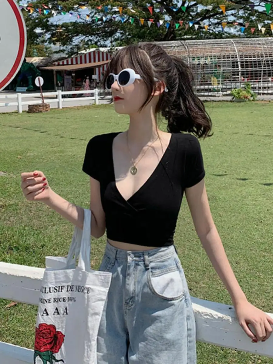 Summer Short Sleeve T-Shirt Women's Deep V-Neck Low Chest Korean Style Slimming Belly Button Baring Short Length Trendy Top