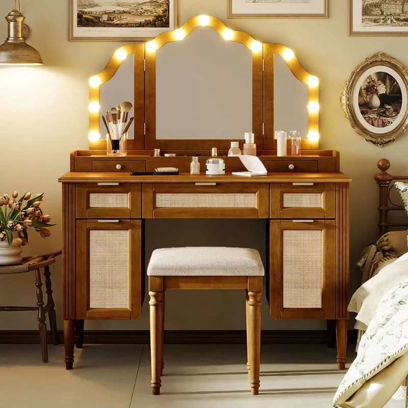 For dresser stool set LED light mirror 3 lighting modes Tri-fold mirror buffer seat charging