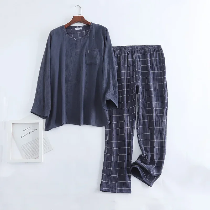 Completo in cotone pantaloni con collo scozzese e Crepe uomo primavera Plus autunno nuovo pigiama due pezzi 100% Loungewear a maniche lunghe taglia rotonda