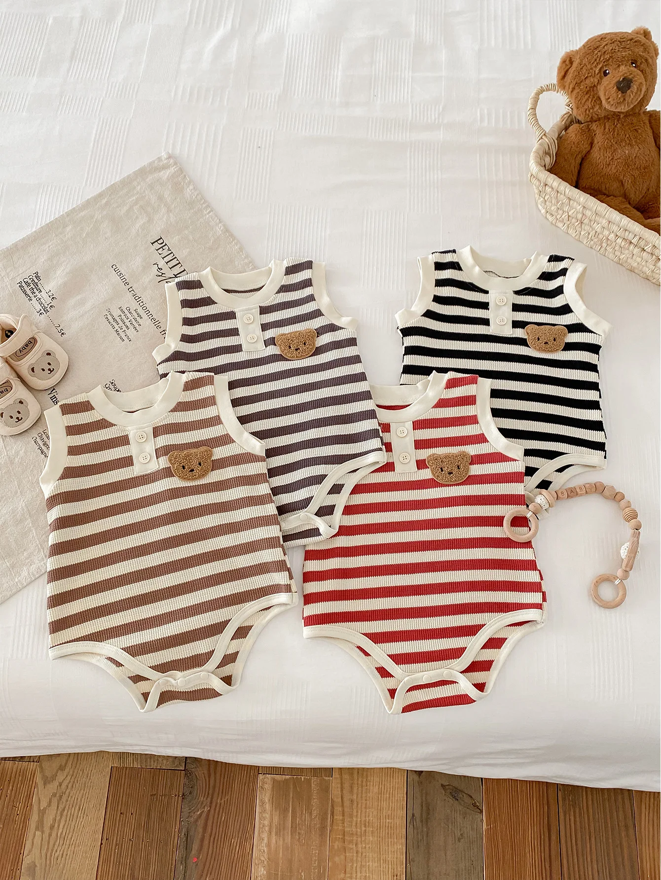 2025 Summer New Baby Boy Girl Sleeveless Bodysuit Newborn Cute Bear Striped Jumpsuit Cotton Infant Toddler Casual Clothes 0-3T