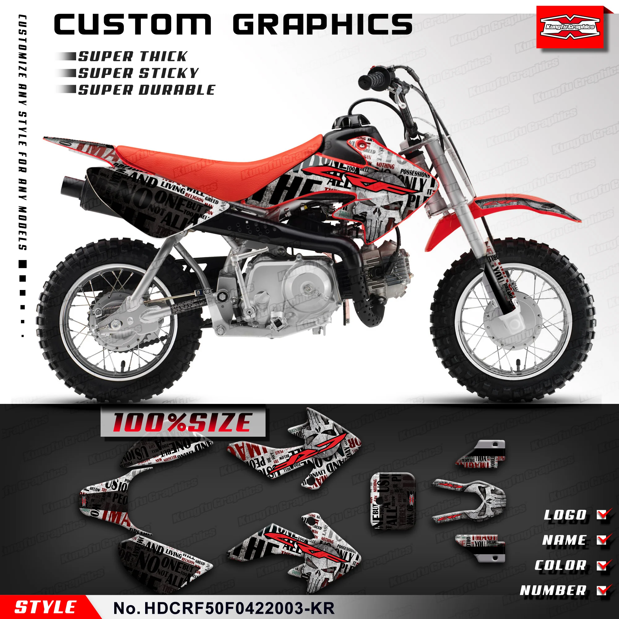 

KUNGFU GRAPHICS MX Stickers Enduro Graphics Kit for Honda CRF 50F CRF50 F 2004-2023, Restyled, HDCRF50F0422003-KR