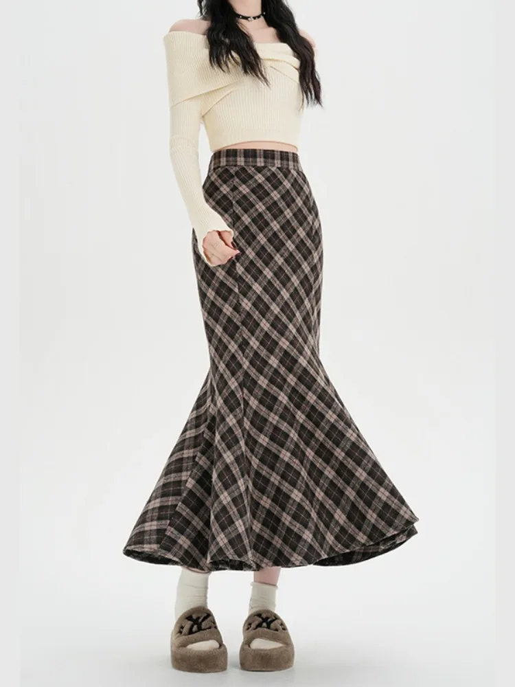 Blue Vintage Woolen Plaid Fleece Half Skirt Women's Autumn Winter High Waist Slimming Thickened A-Line Fish Tail Long Skirt
