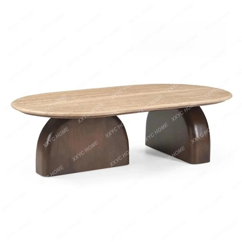 

Minimal small apartment travertine coffee table solid wood oval small apartment light luxury household living room coffee table