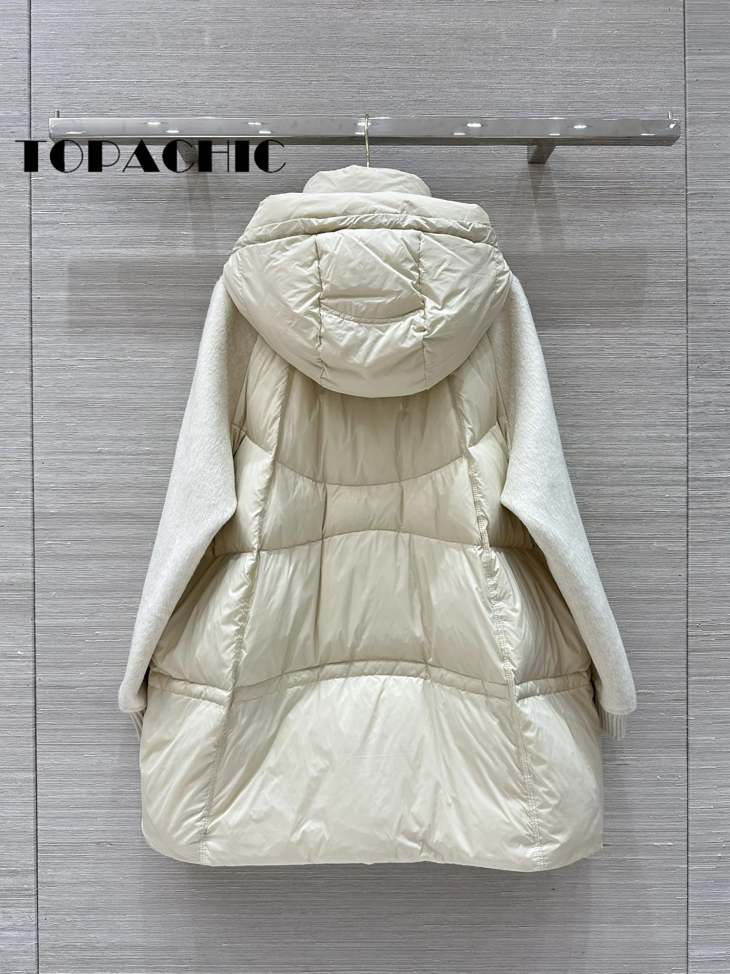 10.7 TOPACHIC-Women Knit Cuff Double-Sided Wool Spliced Hooded Quilted Mid-Length Outerwear White Duck Down Loose Zipper Jacket