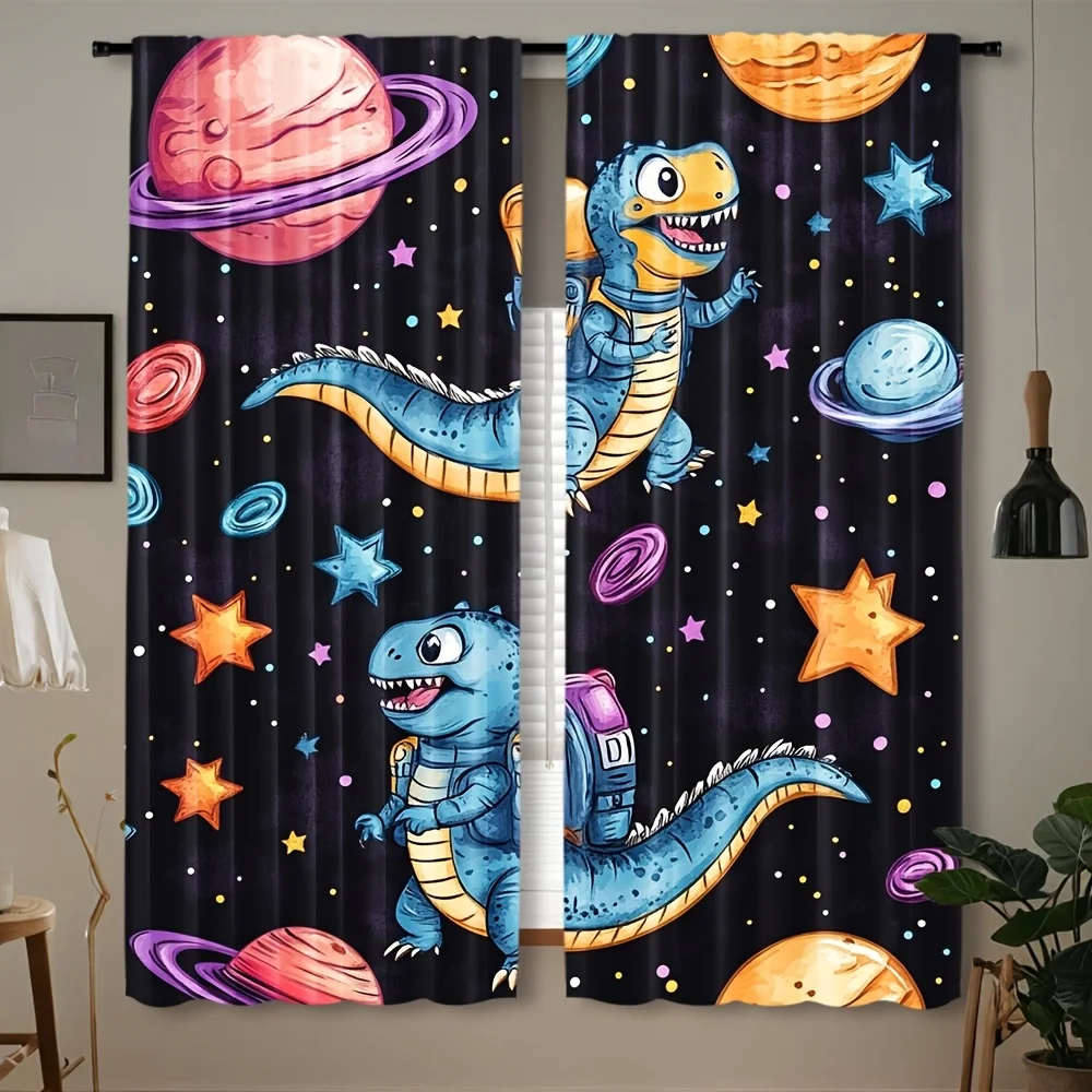 2pcs Space-Themed Dinosaur Curtains - Semi-Sheer Window Drapes with T-Rex, Planets & Stars, Dark Blue & Purple Cosmic Background