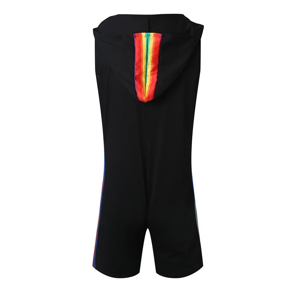

Men Sexy Sleeveless Jumpsuit Casual Rainbow Striped Bodysuit Zipper Hooded Romper Boxer Shorts Skinny Home Wear Tracksuit Pajama