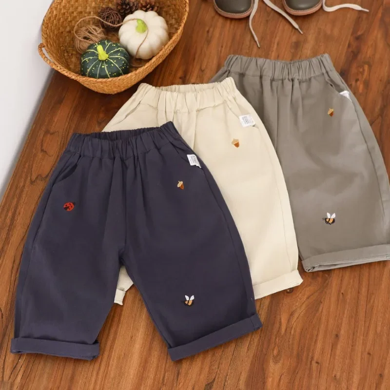 

1-5Y Boys' Solid Color Straight Trousers Girls' Cartoon Embroidery Outdoor Pants 2025 Spring Children's Casual Pants