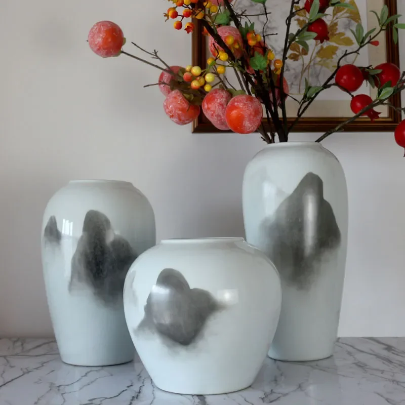 for Jingdezhen Vase Ceramic Ornament Three-piece Set White Chinese Ink Landscape Painting New Chinese Ceramic Crafts