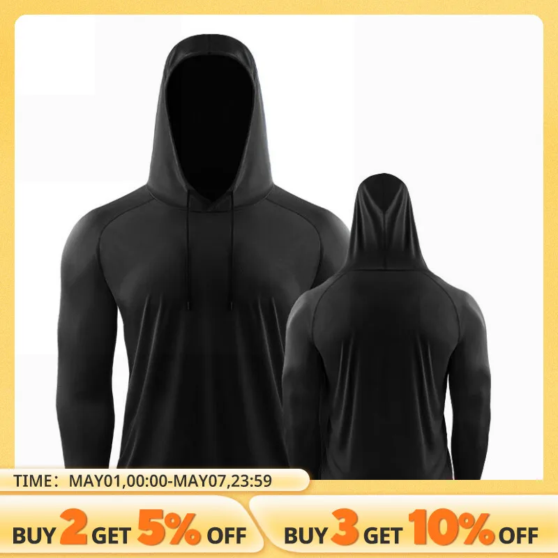 Men's Sport T-shirt Hoodie Gym Traning Sportwear UPF 50+ UV Sun Protection Long Sleeve Outdoor Fishing Running Hooded Shirt