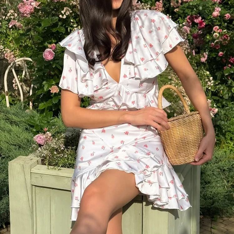 

Elegant Women's New Fashion Ruffled Floral Dress V-neck Chic Slim Sexy Party Mini Dress Women' Clothing
