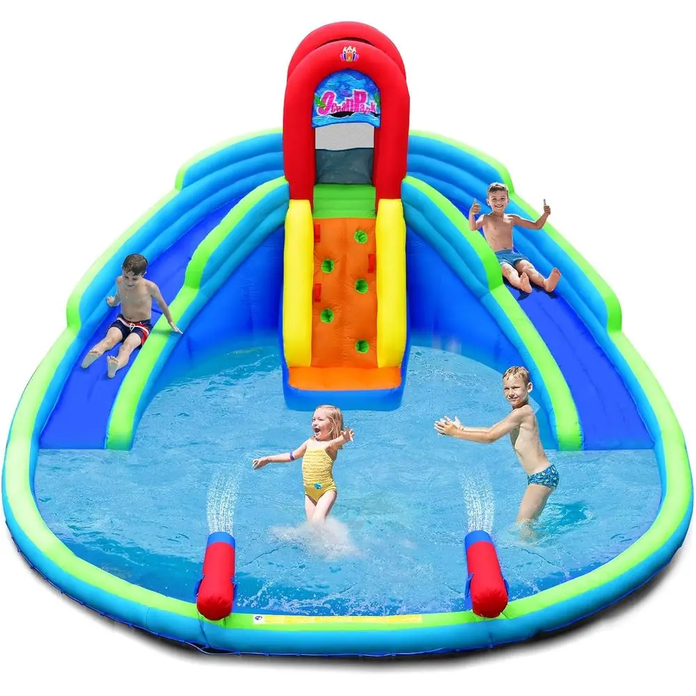 Dmuchane zjeżdżalnie wodne, dmuchane zamki do skakania dla dzieci z długimi zjeżdżalniami, ścianą do wspinaczki i dużym basenem, wodne karabiny i węże.