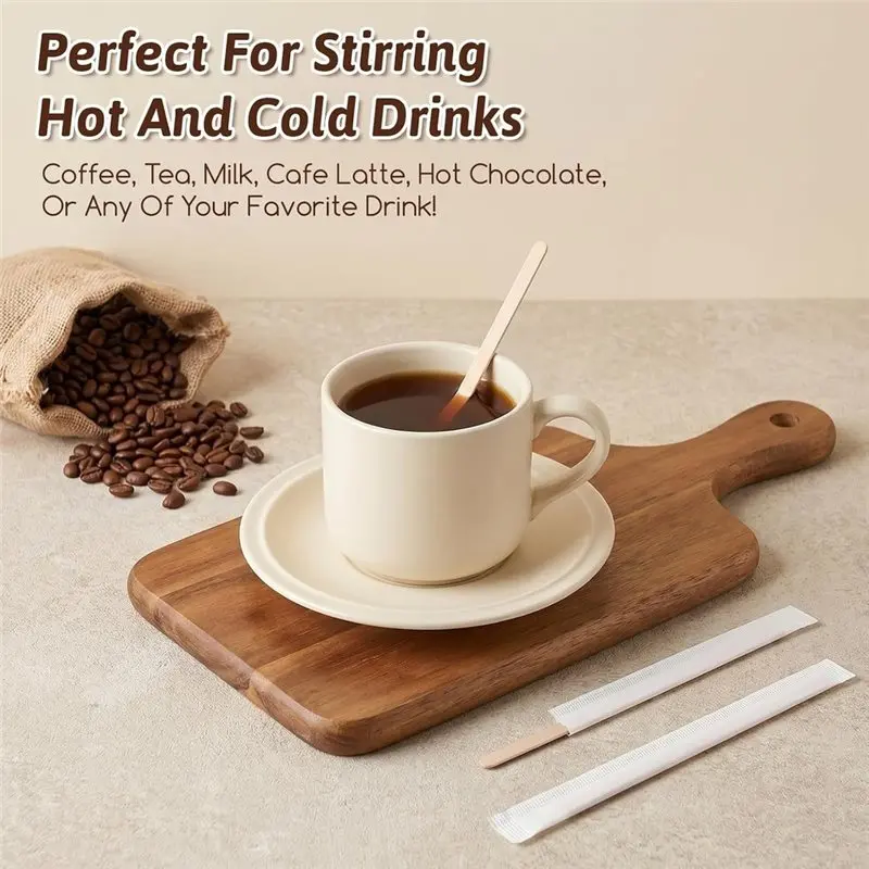 [NEWA08R】 Disposable Wood Coffee Stir Sticks 1000Pcs 7.5 Inch Individually Wrapped Coffeestirrers For Cocktail, Hot Drink Stirre