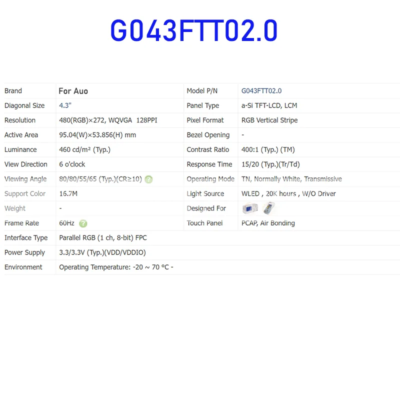 G043FTT02.0 4.3 Inch LCD Display Screen Panel Original for AUO and Brand New with Touch Panel