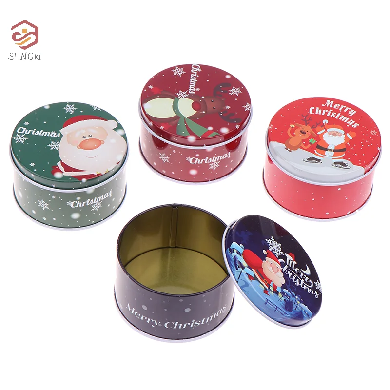 1Pc Tinplate Christmas Candy Can Round Cartoon Santa Claus Elk Letter Printed Box Xmas Candy Chocolate Cookie Box Small Gift Box