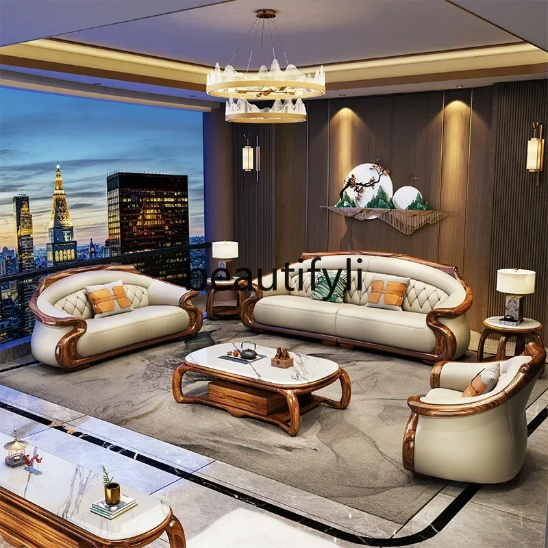 B178 A New Chinese modern ebony leather sofa thick leather villa living room large apartment solid wood first layer cowhide furn