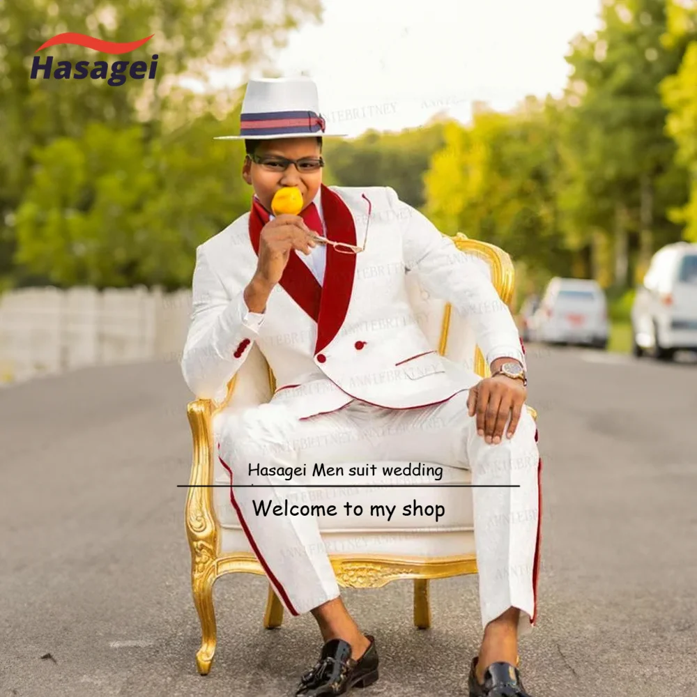 Traje de boda blanco para niño, esmoquin de 3 piezas para fiesta de graduación, Blazer ajustado de terciopelo rojo, chaqueta de doble botonadura, chaleco y pantalones