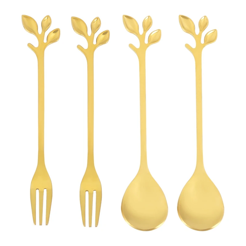 

Tableware Gold Leaf Coffee Spoon Fork,4 Pack(2 Spoons 2 Forks) Little Demitasse Espresso Spoon And Appetizer Dessert Forks Set,4