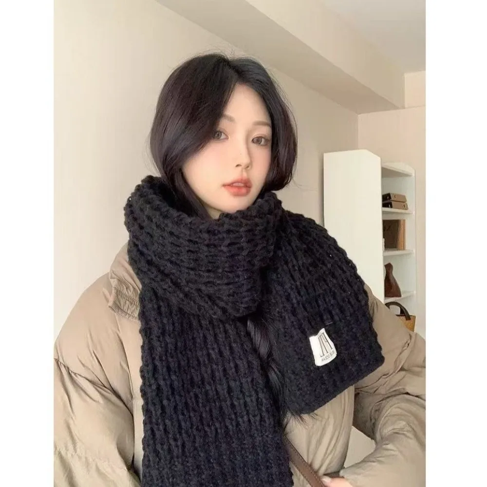 Warm Knit Thick Knitted Scarf Polyester Soft Fabric Neck Wrap Solid Color Fall Winter Warm Scarf For Women
