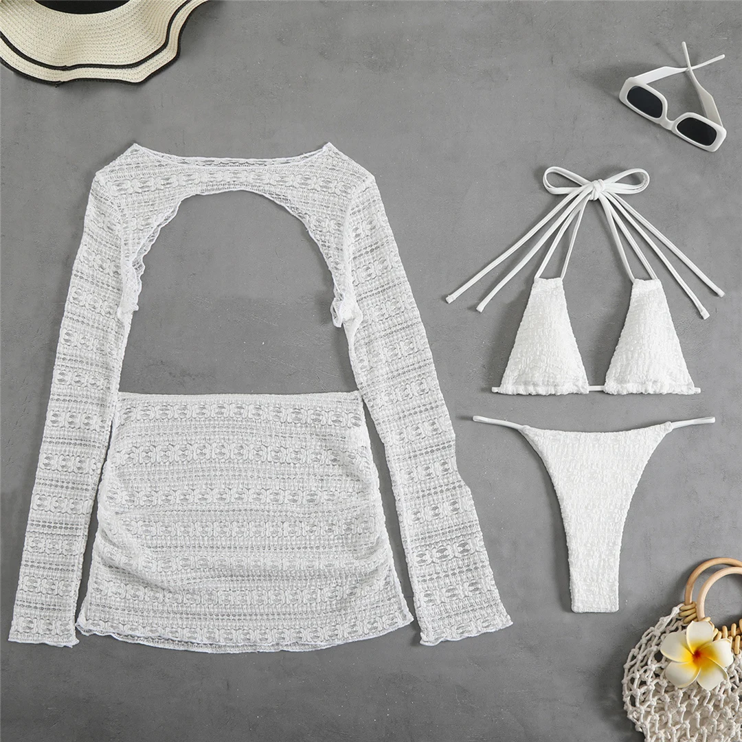 4-teiliges Halter-Bikini-Set mit Rock, langärmeligem Oberteil, Damen-Badeanzug, Damen-Bademode, Badebekleidung, Badeanzug, Schwimmanzug V6339 – Detail 21