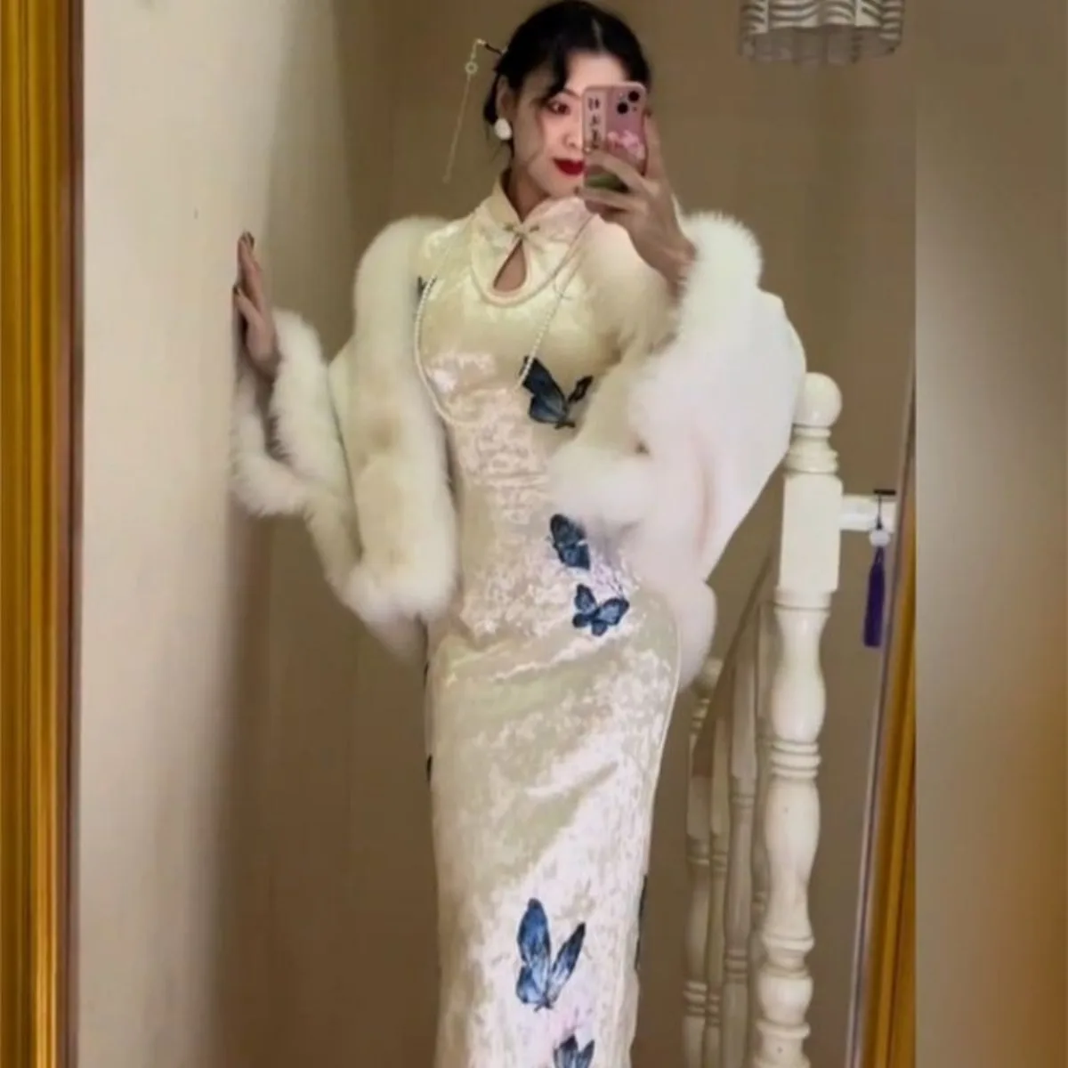 

Luxury Velvet Cheongsam Dress, Chinese Elergant Traditional Clothes Long Sleeve Bodycon Gown, Retro Qipao Slim Waist