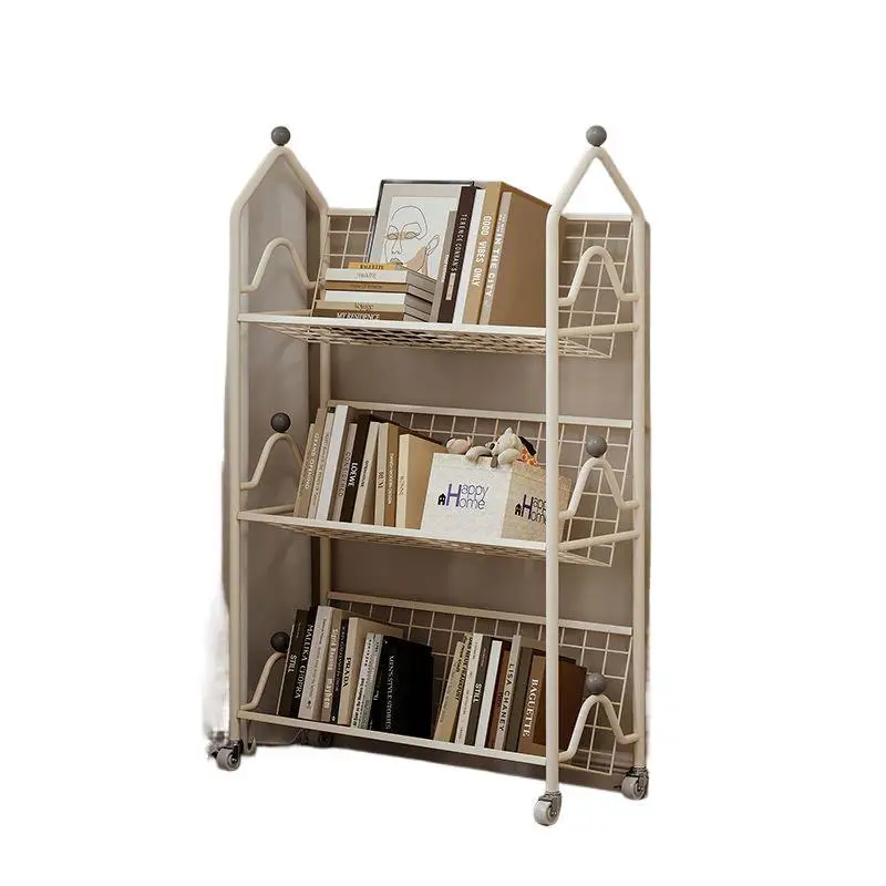

Cream Wind Bookshelf Floor Shelf Movable Wheeled Bedroom Children's Small Bookcase Picture Book Storage Rack Reading Rack