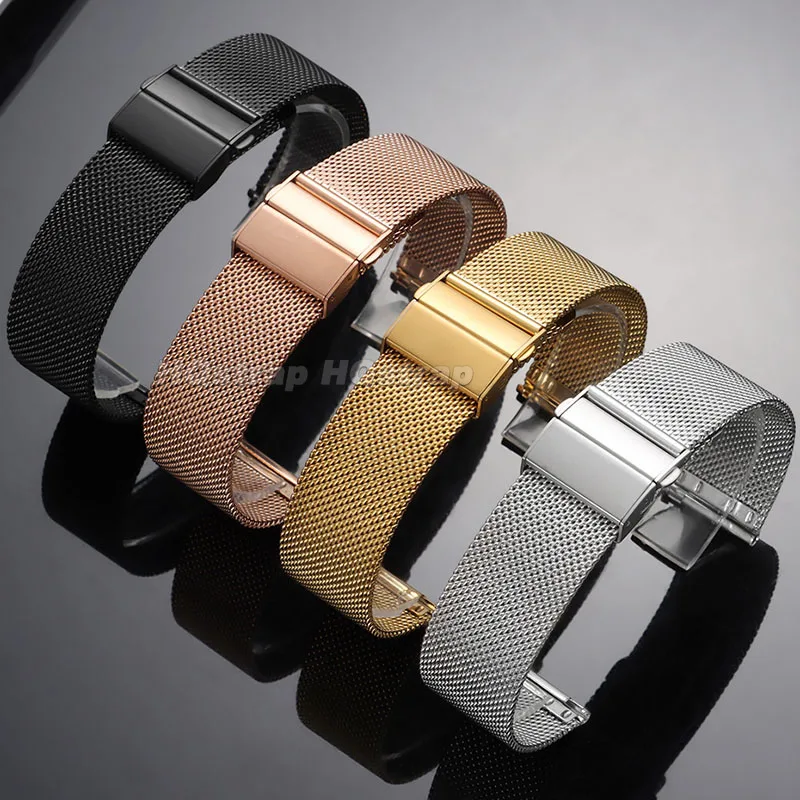 16/18/20/22mm 0.6mm Milanese Mesh Watch Strap Fine Mesh Loop Stainless Steel Band Quick Release Universal Bracelet Folding Clasp