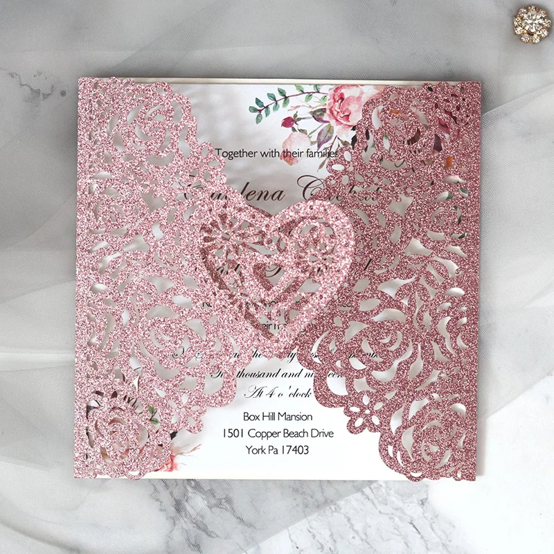 

50Pcs Laser Cut Roses Heart Love Wedding Invitation Card Cover Glitter Paper Birthday Party Cards Favors Decorations Supplier