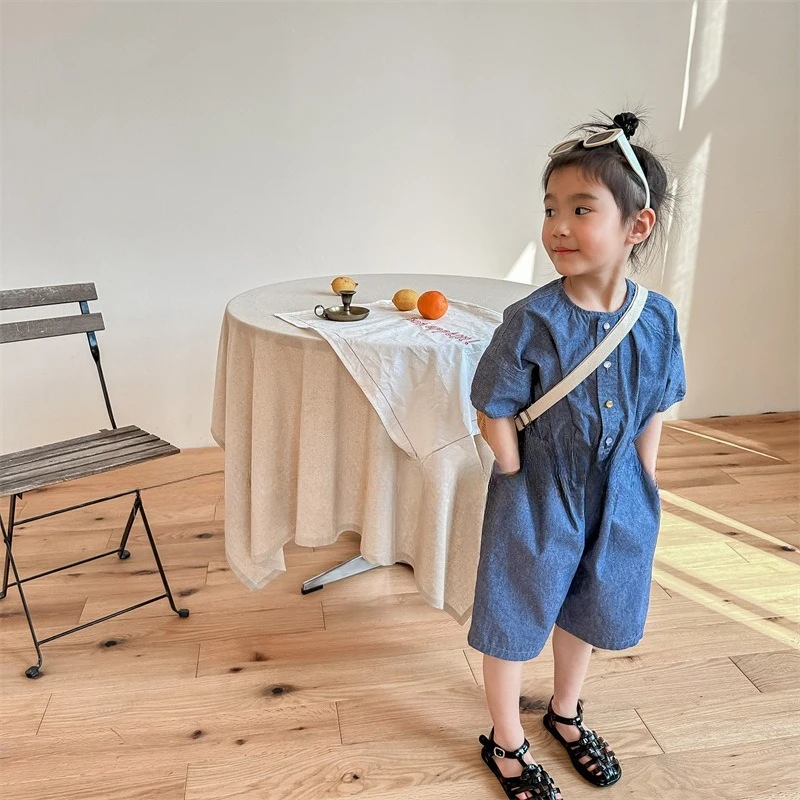 2025 Children's Clothing Summer New Girls' Korean Japanese Version Summer Clothing Denim Shirt Shorts Jumpsuit