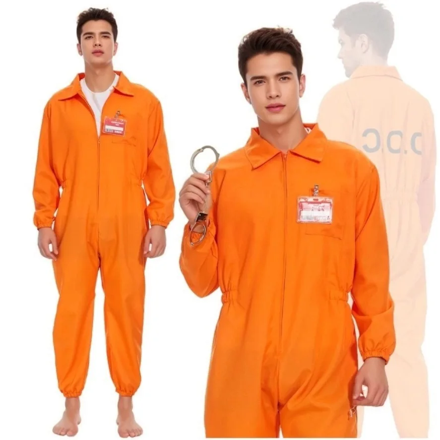 Adult Prisoner Jumpsuit Halloween Mens Costume Orange Jailbird Costume Prison Inmate Jumpsuit Convict for Halloween Cosplay Set