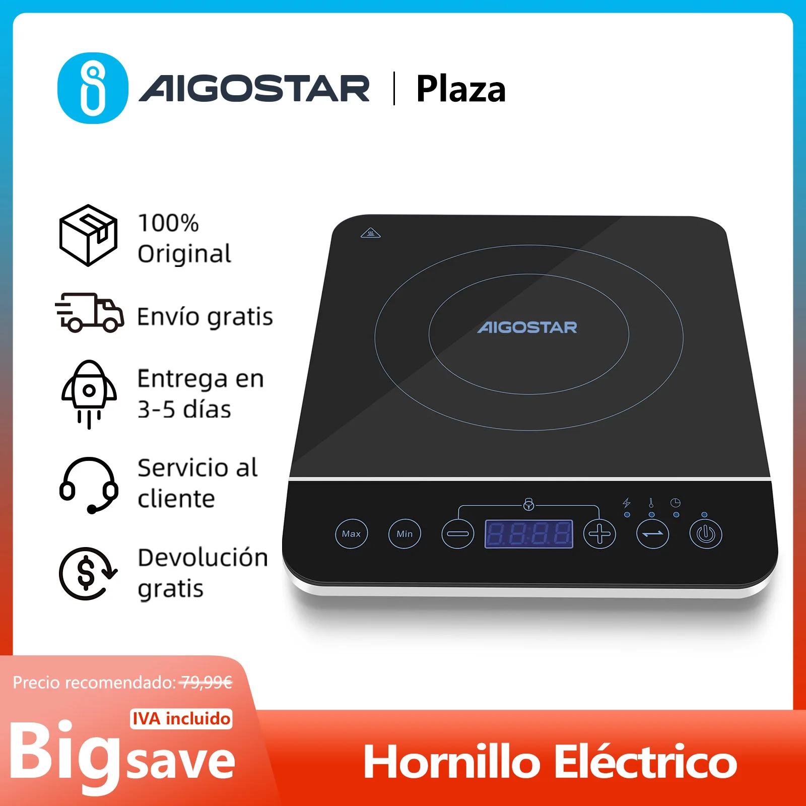 Placa de Inducción Portátil, 10 Niveles de Potencia, Control Táctil LED, Para Recipientes Entre 13 y 24 cm Diámetro, 2000 W