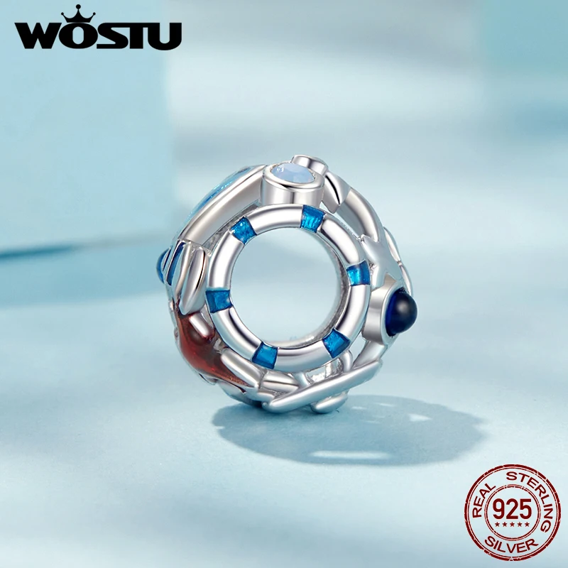 WOSTU Echter 925er Sterlingsilber-Ozean-Seestern und Muschelstopper, Perlen-Anhänger, blauer Krabben-Charm, passend für Armband, DIY-Urlaubsgeschenk