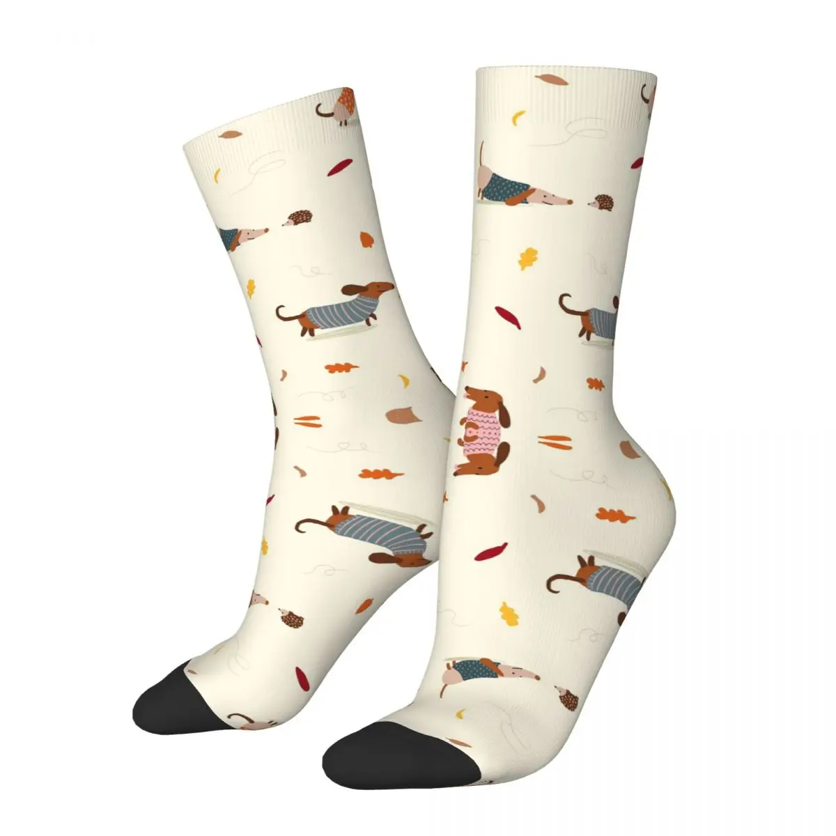 

Cute Dachshunds In Winter Sweaters With Autumn Leaves Socks Harajuku High Quality Stockings All Season Long Socks Unisex Gifts