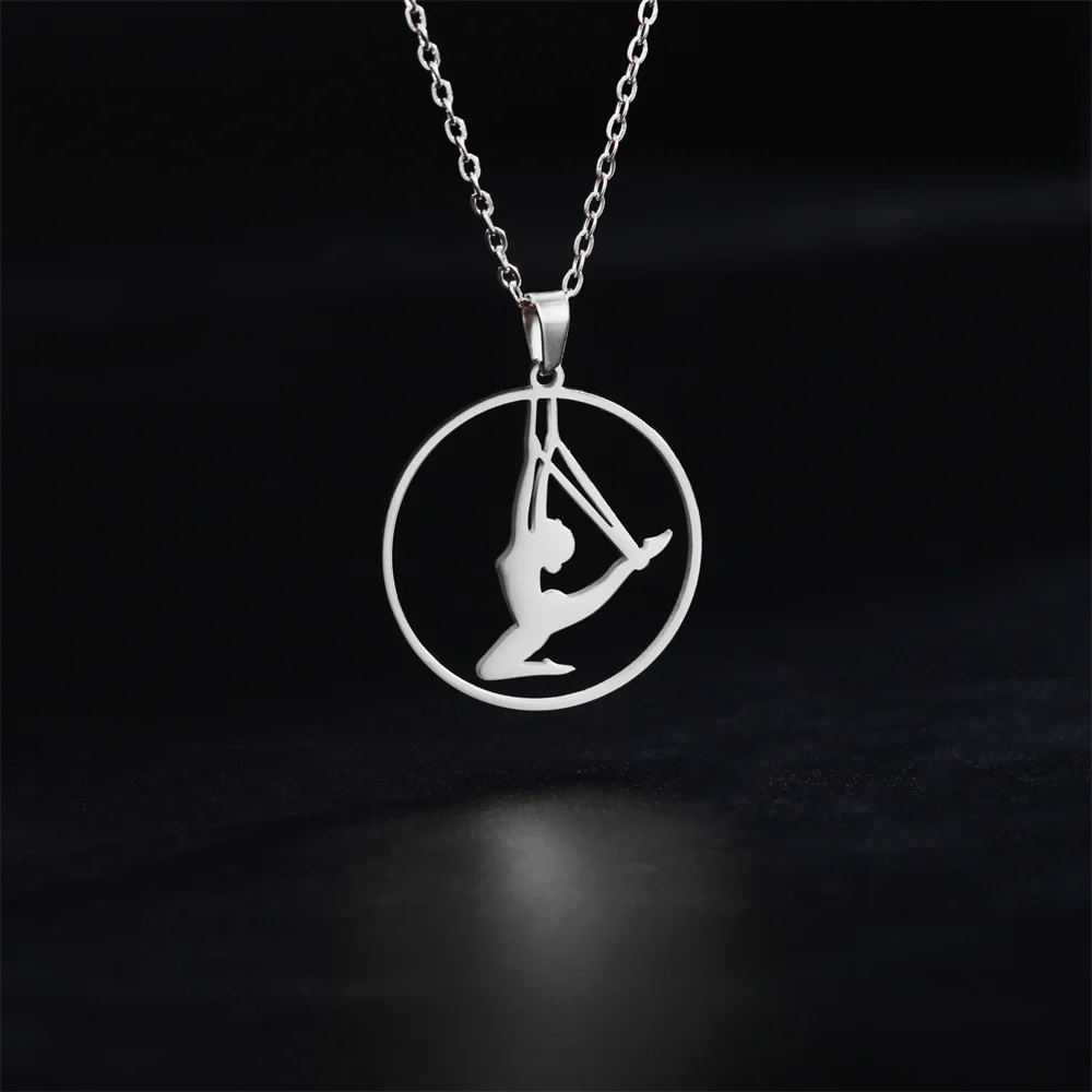 EUEAVAN Dancer Rhythmic Gymnastics Round Pendant Necklaces for Women Girls Stainless Steel Gymnast Yoga Necklace Sport Jewelry