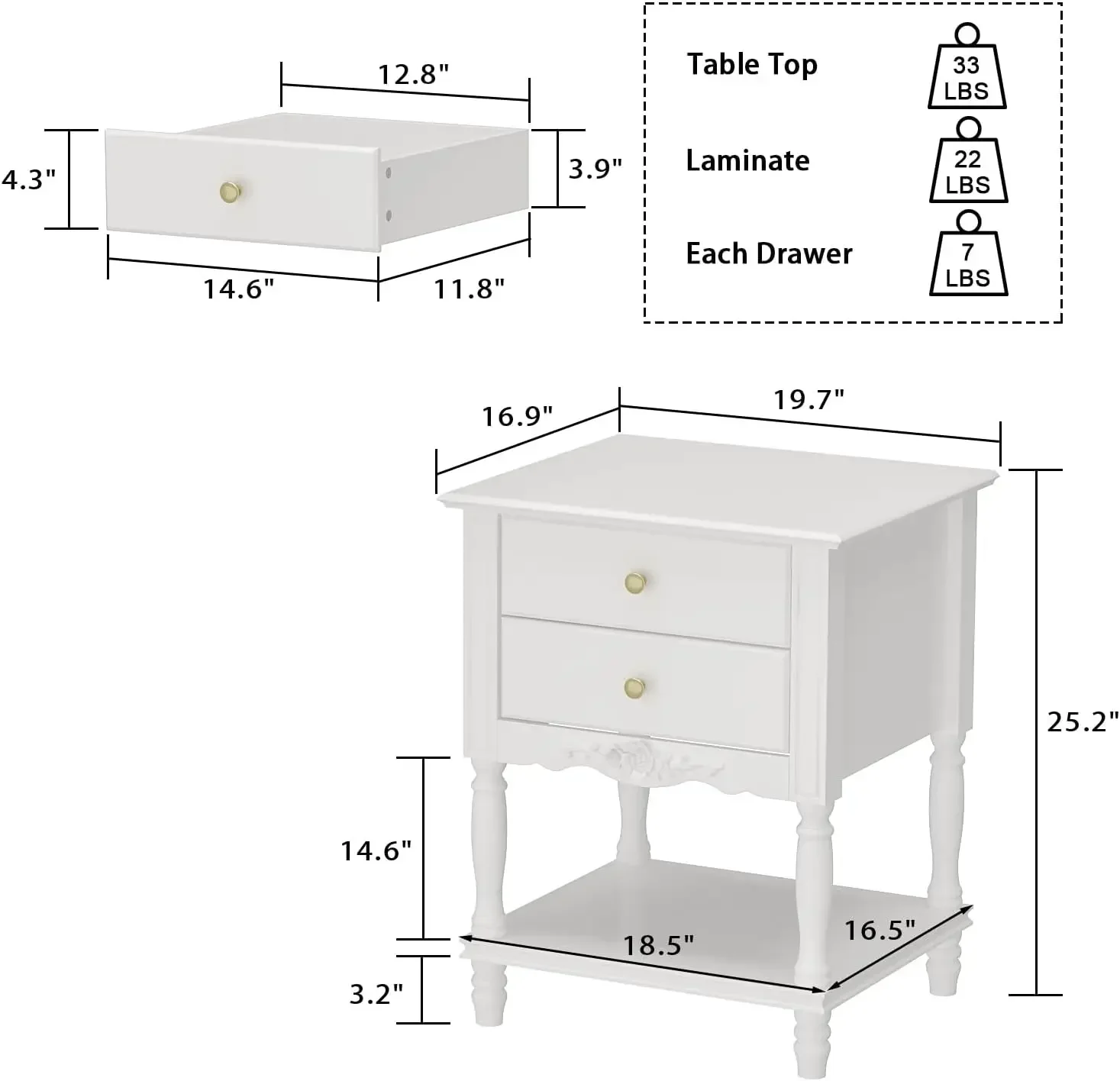 Vintage Wooden Nightstand with 2 Drawers and Bottom Shelf, Elegant Bedside Table End Side Table for Bedroom, Living Room, White