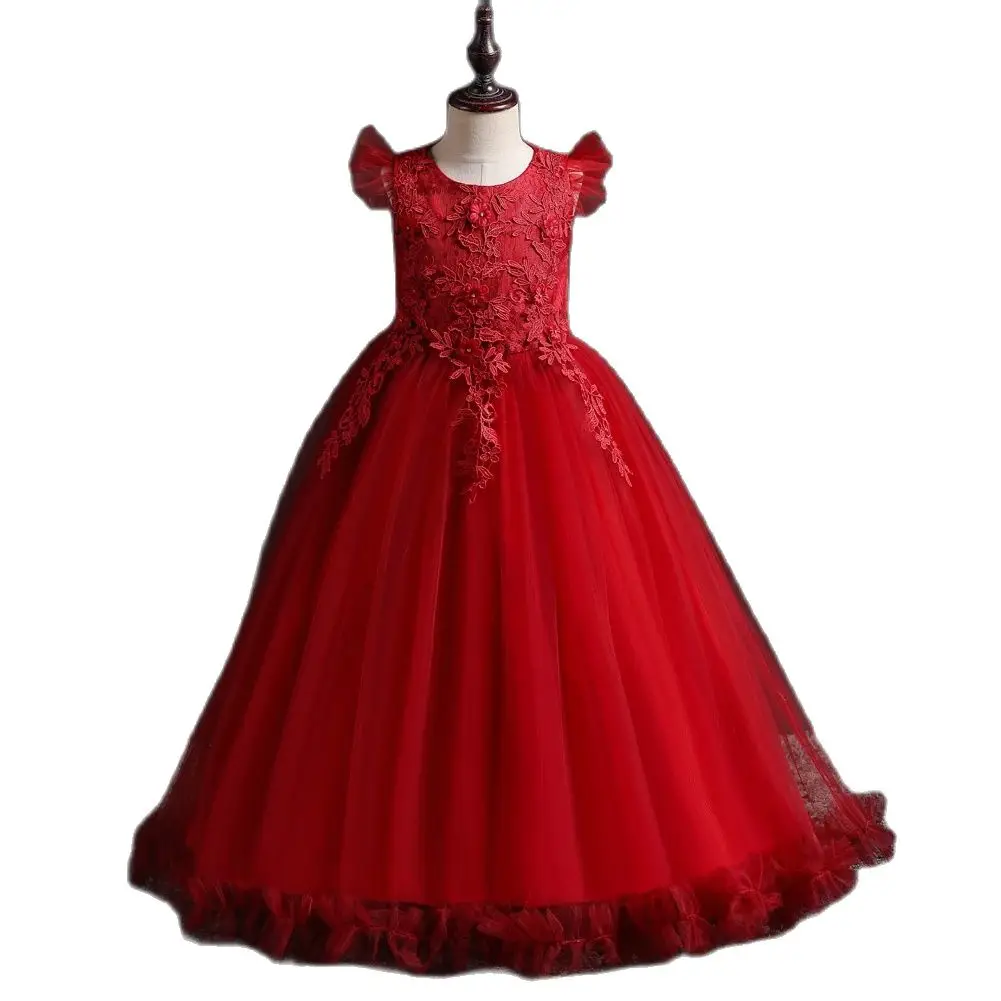 Red New Girl Flower Elegant Long Dress FOR 4 to 14 years Children\'s Ball Embroidered Princess Dress