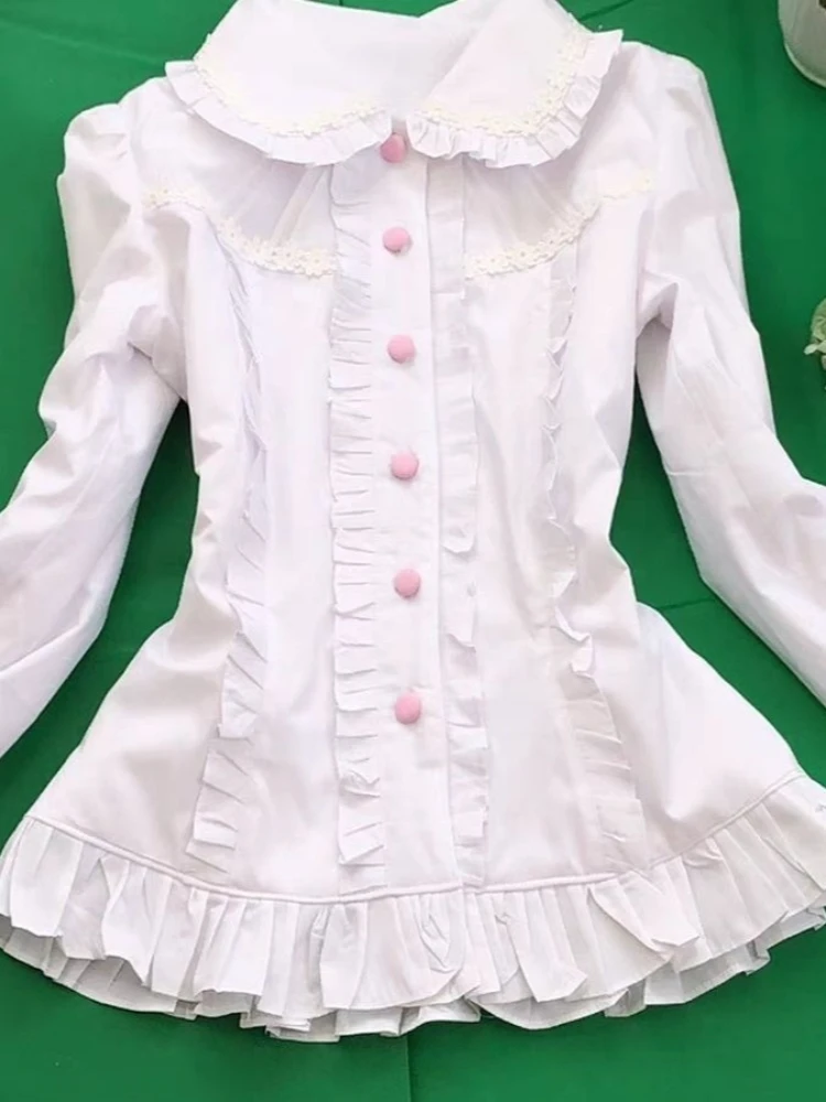 Primavera doce manga longa gola de boneca camisetas femininas design kawaii magro sólido lolita camisa feminina moda roupas muito finas