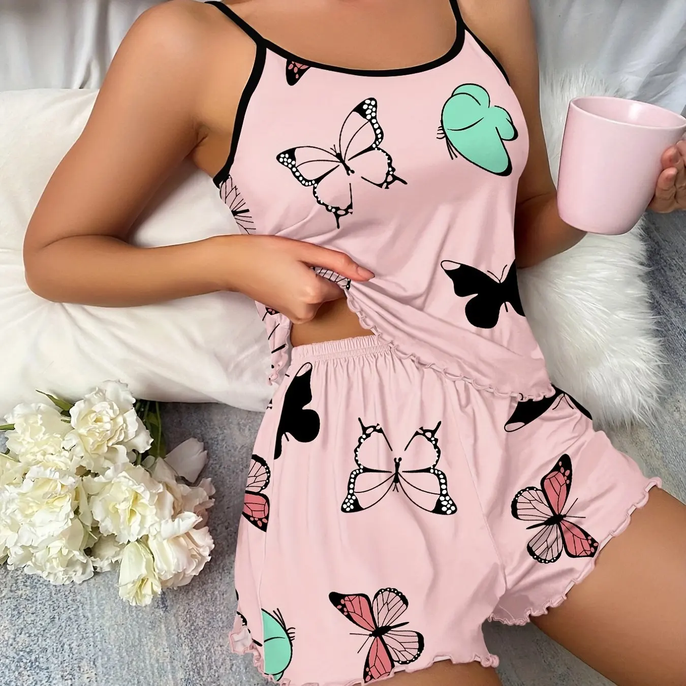 

Summer Sleepwear Butterfly Print Pajamas Set for Women Lettuce Trim Cami Top and Elastic Waistband Shorts Set Loungewear