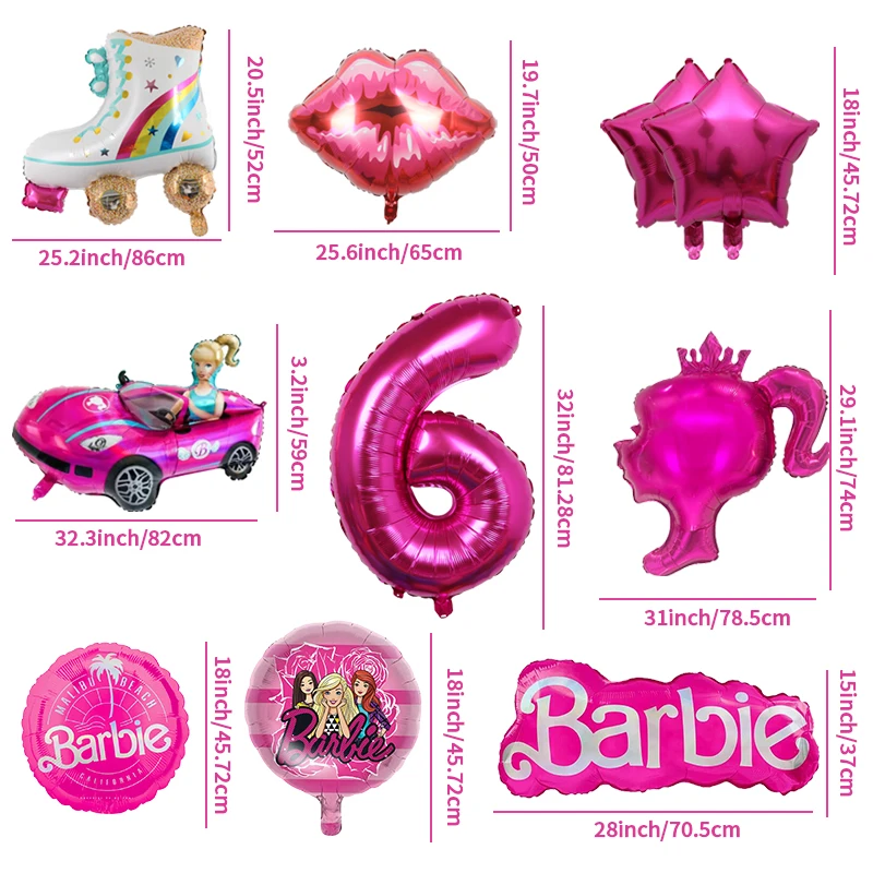 1set Pink Barbie car red lips Star Foil Globos skates Balloon Number 6 7 8 Baby Shower Kids Girl Birthday Party Decoration Suppl