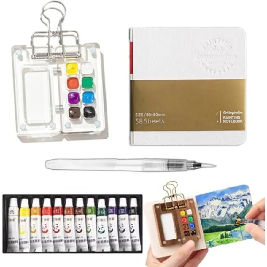 Mini Travel Watercolor Set Pocket Artist Watercolor Travel Set Grid Palette Box Sketch Book Brush Pens With Binder Clips For Pa