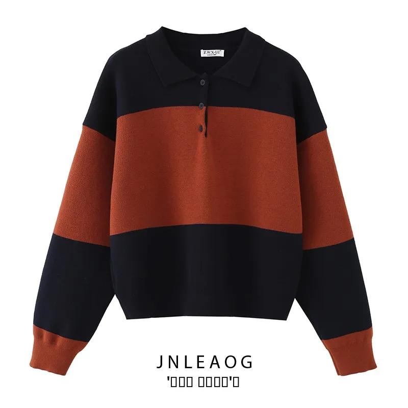 

JNLEAOG Autumn New Women's Long Sve Color Blo Striped Ne Knitted Sweater Loose Fit Polyester Fiber Ladies Top